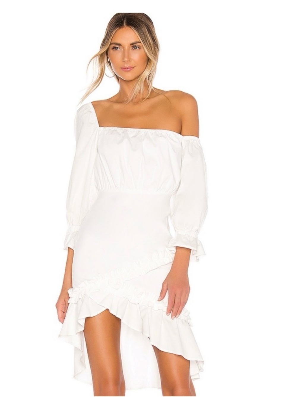 Majorelle White Ruffle Midi Dress Open Back Puff Sleeve Size Small